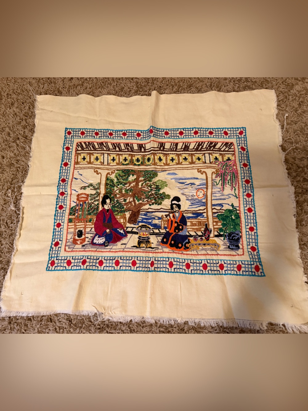 Vintage Japanese Chinese Asian Scene Embroidered Tapestry Needlework Art